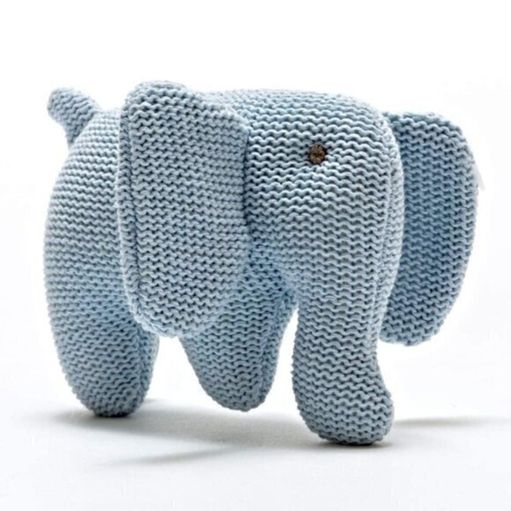 Best Years Knitted Organic Cotton Elephant Baby Rattle in Soft Blue